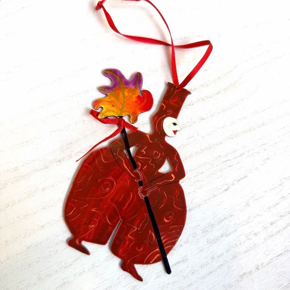 Judie Bomberger Signed Metal Ornament Cirque Style Figure Red Enamel Art